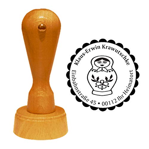 Stempel Adressstempel « MATROSCHKA » Durchmesser ca. Ø 40 mm - mit persönlicher Adresse, Motiv und Zierrand - Puppe Russland Matrjoschka von DEKOLANDO