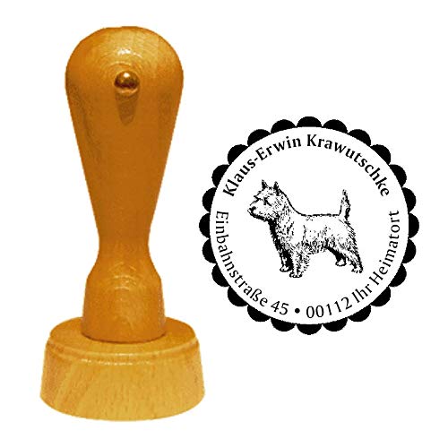 Stempel Adressstempel « WEST HIGHLAND WHITE TERRIER 02 » Durchmesser ca. Ø 40 mm - mit persönlicher Adresse, Motiv und Zierrand - Hund Hunderasse Schottland Westie Westi von DEKOLANDO
