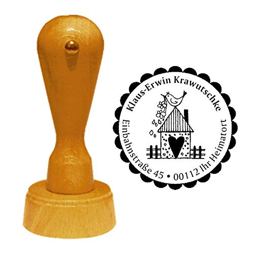 Stempel Adressstempel « süßes VOGELHAUS » Durchmesser ca. Ø 40 mm - mit persönlicher Adresse und Motiv - Vogel Herz Haus Liebe von DEKOLANDO