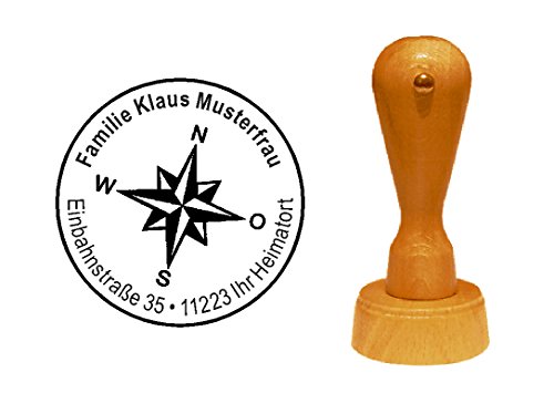 Stempel Holzstempel Adressstempel « KOMPASS WINDROSE » Durchmesser ca. Ø 40 mm - mit persönlicher Adresse und Motiv - Reise Nautik Seefahrt von DEKOLANDO
