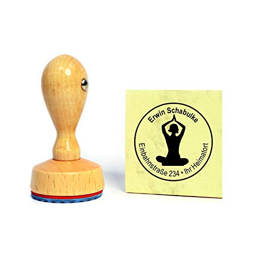 Stempel Holzstempel Adressstempel « YOGA FRAU » Durchmesser ca. Ø 40 mm - mit persönlicher Adresse und Motiv - Joga Indien Philosophie Meditation von DEKOLANDO