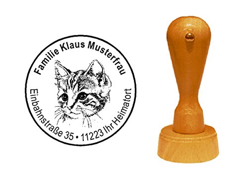 Stempel Holzstempel Adressstempel « süßes KATZENGESICHT » Durchmesser ca. Ø 40 mm - mit persönlicher Adresse und Motiv - Haustier Katze Kätzchen von DEKOLANDO