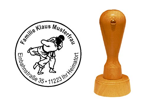 Stempel Holzstempel Motivstempel « JUDO KÄMPFER » Durchmesser ca. Ø 40 mm - mit persönlicher Adresse und Motiv - Kampfsport Judoka Japan von DEKOLANDO