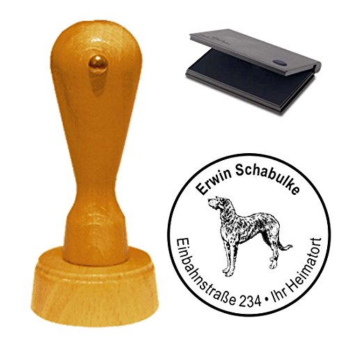 Stempel mit Kissen Adressenstempel « IRISCHER WOLFSHUND » Durchmesser ca. Ø 40 mm - mit persönlicher Adresse und Hunde Motiv - Hund Haustier Irish Wolfhound von DEKOLANDO