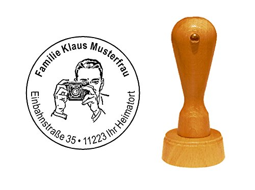 Stempel personalisiert Adressstempel Fotograf Photographie runder Holzstempel mit persönlicher Adresse Ø 40 mm von DEKOLANDO