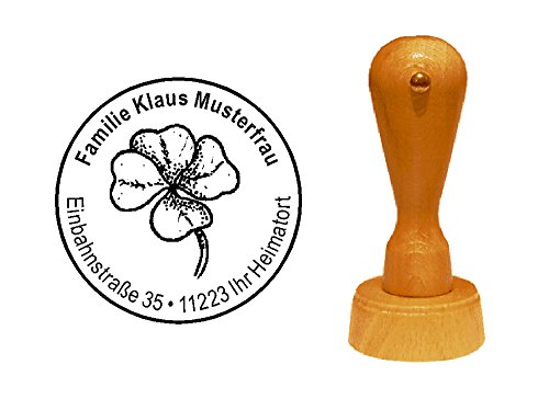 Stempel personalisiert Adressstempel Kleeblatt Glücksklee vierblättrig runder Holzstempel mit persönlicher Adresse Ø 40 mm von DEKOLANDO