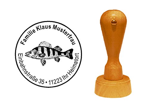 Stempel personalisiert runder Holzstempel Barsch Fisch Angeln Adressstempel Ø 40 mm mit persönlicher Adresse und Motiv von DEKOLANDO