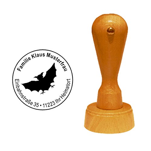 Stempel personalisiert runder Holzstempel Fledermaus Bat Adressstempel Ø 40 mm mit persönlicher Adresse und Motiv von DEKOLANDO