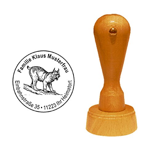 Stempel personalisiert runder Holzstempel Luchs Raubkatze Adressstempel Ø 40 mm mit persönlicher Adresse und Motiv von DEKOLANDO
