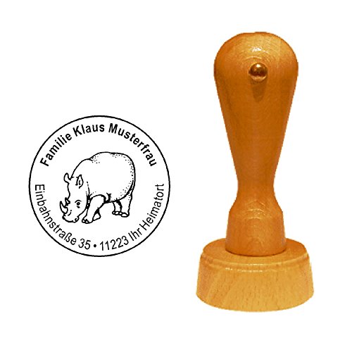 Stempel personalisiert runder Holzstempel Nashorn Rhino Adressstempel Ø 40 mm mit persönlicher Adresse und Motiv Stempel personalisiert runder Holzstempel Nashorn Rhino Adressstempel Ø 40 mm mit persönlicher Adresse und Motiv von DEKOLANDO