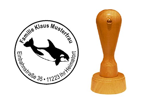 Stempel personalisiert runder Holzstempel Orka Orca Killerwal Schwertwal Adressstempel Ø 40 mm mit persönlicher Adresse und Motiv von DEKOLANDO