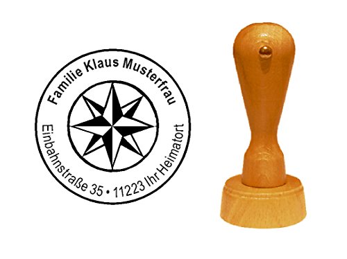Stempel personalisiert runder Holzstempel Windrose Kompass Adressstempel Ø 40 mm mit persönlicher Adresse und Motiv von DEKOLANDO