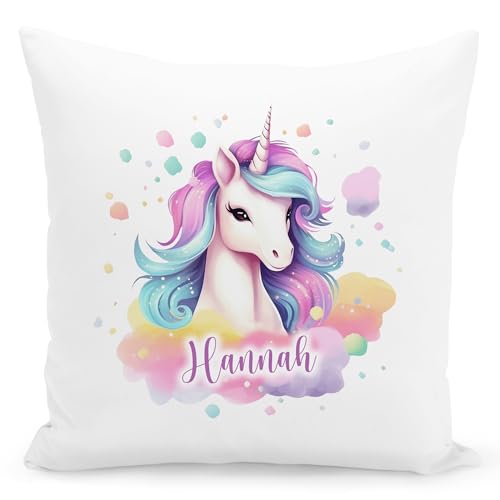 DEL MÀ Unique & Personal Einhorn Kissen personalisiertes Einhornkissen Kissen mit Namen für Mädchen Kuschelkissen Kinder Dekokissen Kinderzimmer Namenskissen 40x40 cm inkl. Füllung (Aquarell Stil) von DEL MÀ Unique & Personal