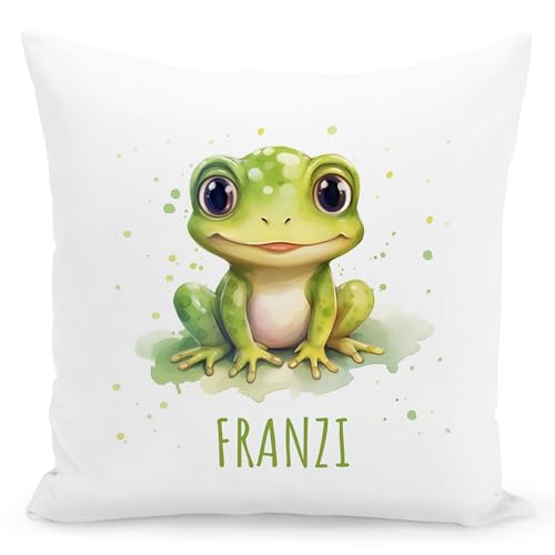 DEL MÀ Unique & Personal Frosch Kissen personalisiert mit Namen Kinderkissen Kuschelkissen Kinder Geschenk Kinderzimmer Deko Junge Mädchen Zierkissen Dekokissen 40x40 cm inkl. Füllung und Bezug von DEL MÀ Unique & Personal