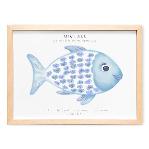 DEL MÀ Unique & Personal Gästebild Taufe Fingerabdruck Gäste Bild Gästebuch personalisiert Mädchen Jungen mit Fisch Taufgeschenk Geschenk (mit und ohne Bilderrahmen) (Blau) von DEL MÀ Unique & Personal