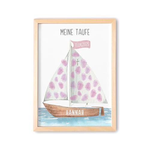 DEL MÀ Unique & Personal Gästebild Taufe Fingerabdruck Gäste Bild Gästebuch personalisiert Mädchen Jungen mit Segelboot Taufgeschenk Geschenk (mit und ohne Bilderrahmen) von DEL MÀ Unique & Personal