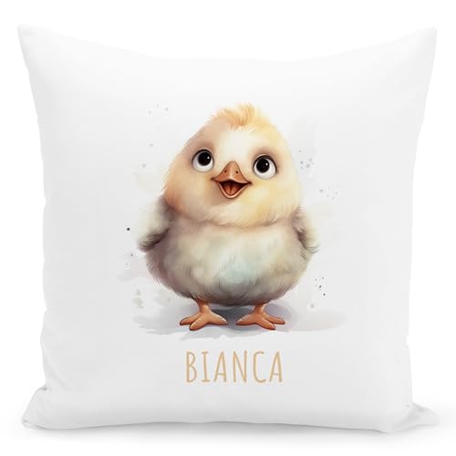 DEL MÀ Unique & Personal Huhn Kissen personalisiert mit Namen Kinderkissen Kuschelkissen Kinder Geschenk Kinderzimmer Deko Junge Mädchen Zierkissen Dekokissen 40x40 cm inkl. Füllung und Bezug von DEL MÀ Unique & Personal