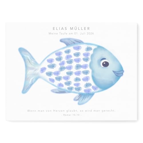 Taufgeschenk Gästebuch Taufe Gästebild personalisierte Leinwand für Fingerabdrücke Fisch Gästebuch alternative Geschenkidee Baum Geschenk Erinnerung 30x40 cm (Blau - OHNE Farbe) von DEL MÀ Unique & Personal