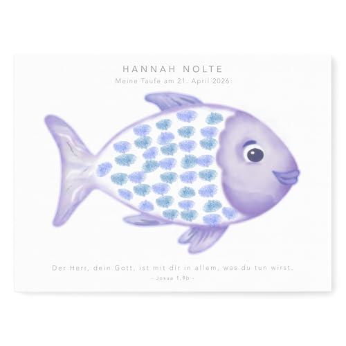 Taufgeschenk Gästebuch Taufe Gästebild personalisierte Leinwand für Fingerabdrücke Fisch Gästebuch alternative Geschenkidee Baum Geschenk Erinnerung 30x40 cm (Lila - OHNE Farbe) von DEL MÀ Unique & Personal