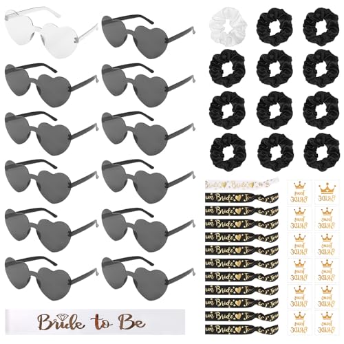 DELAESI JGA Brille Team Braut 49 Stück Junggesellenabschied Frauen (1 Bride to be Schärpe+12 Herz Sonnenbrille+12 Haargummi+12 Armband+12 Aufkleber) JGA Accessoires Frauen für Party Hochzeit von DELAESI