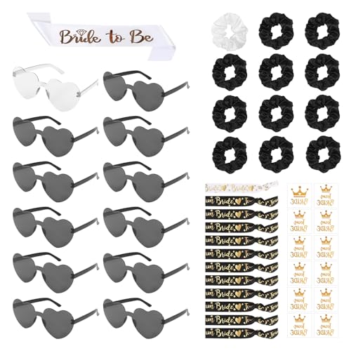DELAESI JGA Brille Team Braut 49 Stück Junggesellenabschied Frauen (1 Bride to be Schärpe+12 Herz Sonnenbrille+12 Haargummi+12 Armband+12 Aufkleber) JGA Accessoires Frauen für Party Hochzeit von DELAESI