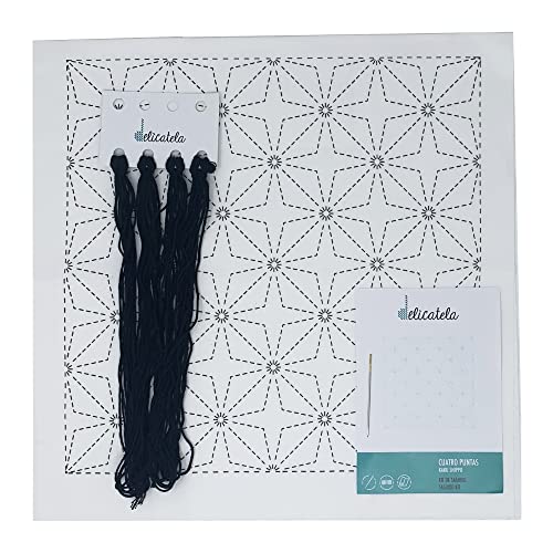 Sashiko Japanisches Stickerei-Set, 68 cm x 34 cm, vorgedruckter Stoff (30 cm x 30 cm), Naturgarn, lange Nadel, Stickanleitung, Design 4 Spitzen, von Delicatela (weiß) von DELICATELA