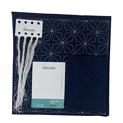 DELICATELA Sashiko Japanisches Stickset, 68 cm x 34 cm, vorbedruckter Stoff, 30 cm x 30 cm, natürliches Garn, lange Nadel, Stickanleitung, 4 Spitzen (Indigoblau) von DELICATELA