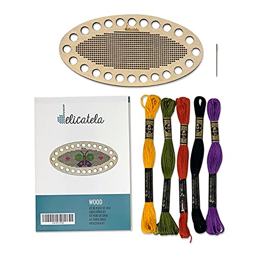 Delicatela Kreuzstich-Organizer, Stickset auf Holz, 5 Knäuel aus 100 % Baumwolle, verschiedene Farben, 6 Stickereien, Nadel Delicatela Kreuzstich-Organizer, Stickset auf Holz, 5 Knäuel aus 100 % Baumwolle, verschiedene Farben, 6 Stickereien, Nadel von DELICATELA