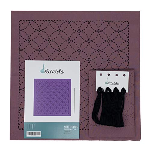 Sashiko | Japanische Stickerei | Stoff 68 cm x 34 cm vorgedruckt (30 x 30 cm) | Naturgarn | lange Nadel | Stickanleitung | Design sieben Schätze | von Delicatela (Lila) von DELICATELA