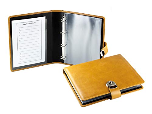 DELMON VARONE - Personalisierbare Dokumentenmappe DIN A4 mit Schloss & Schlüssel inkl. 10 Klarsichthüllen, Vintage Anilin Leder braun, Ringbuch Ordnungsmappe mit Verzeichnis für Dokumente & Urkunden von DELMON VARONE - FINE LEATHERGOODS MADE IN GERMANY