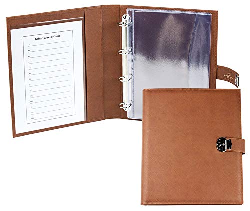 DELMON VARONE - Personalisierbare Dokumentenmappe DIN A4 mit Schloss & Schlüssel inkl. 3 Klarsichthüllen, Saffiano Kunstleder braun, Ringbuch Sammelmappe mit Verzeichnis für Dokumente & Urkunden DELMON VARONE - Personalisierbare Dokumentenmappe DIN A4 mit Schloss & Schlüssel inkl. 3 Klarsichthüllen, Saffiano Kunstleder braun, Ringbuch Sammelmappe mit Verzeichnis für Dokumente & Urkunden von DELMON VARONE - FINE LEATHERGOODS MADE IN GERMANY
