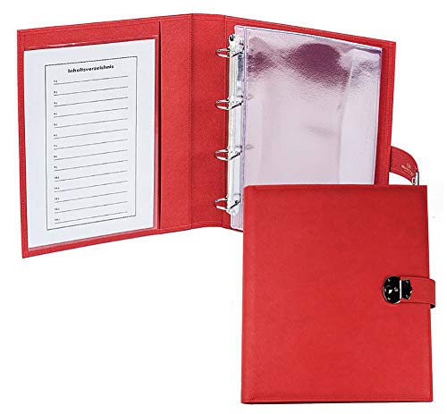 DELMON VARONE - Personalisierbare Dokumentenmappe DIN A4 mit Schloss & Schlüssel inkl. 3 Klarsichthüllen, Saffiano Kunstleder rot, Elegantes Dokumentenringbuch mit Verzeichnis für Dokumente & Urkunden DELMON VARONE - Personalisierbare Dokumentenmappe DIN A4 mit Schloss & Schlüssel inkl. 3 Klarsichthüllen, Saffiano Kunstleder rot, Elegantes Dokumentenringbuch mit Verzeichnis für Dokumente & Urkunden von DELMON VARONE - FINE LEATHERGOODS MADE IN GERMANY