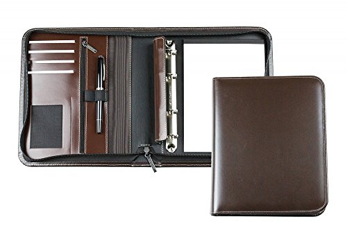 DELMON VARONE - Personalisierbare Ringbuch Schreibmappe DIN A5 aus Cambridge Top Grain Leder braun, Konferenzmappe mit Notizblock, Stiftschlaufe, Einsteckfächer, 4-Ring Combimechanik & Reißverschluss von DELMON VARONE - FINE LEATHERGOODS MADE IN GERMANY