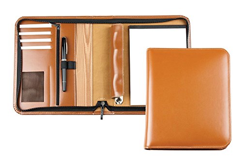 DELMON VARONE - Personalisierbare Ringbuch Schreibmappe DIN A5 aus Cambridge Top Grain Leder braun, Ringbuchmappe mit Notizblock, Stiftschlaufe, Einsteckfächer, 4-Ring Combimechanik & Reißverschluss von DELMON VARONE - FINE LEATHERGOODS MADE IN GERMANY