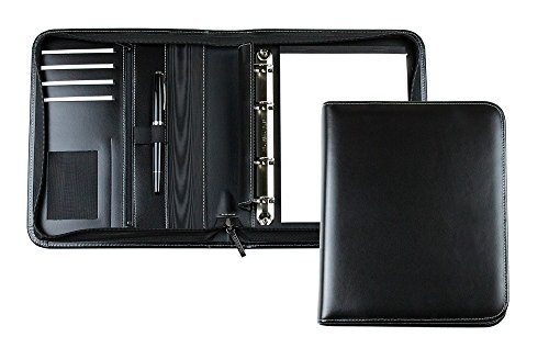 DELMON VARONE - Personalisierbare Ringbuch Schreibmappe DIN A5 aus Cambridge Top Grain Leder schwarz, Ringbuchmappe mit Notizblock, Stiftschlaufe, Einsteckfächer, 4-Ring Combimechanik & Reißverschluss von DELMON VARONE - FINE LEATHERGOODS MADE IN GERMANY