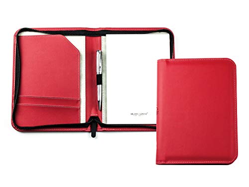 DELMON VARONE - Personalisierbare Schreibmappe DIN A5 „EcoAppleLeather“ Rot, Recycled Öko Apfel Leder Konferenzmappe mit Notizblock, Stiftschlaufe und Steckfächer, Businessmappe mit Reißverschluss von DELMON VARONE - FINE LEATHERGOODS MADE IN GERMANY