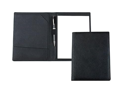 DELMON VARONE - Personalisierbare Schreibmappe DIN A5 aus Saffiano Lederimitat schwarz, Organizer Konferenzmappe mit Notizblock, Stiftschlaufe & Steckfächer, Business Dokumentenmappe in Kunstleder von DELMON VARONE - FINE LEATHERGOODS MADE IN GERMANY