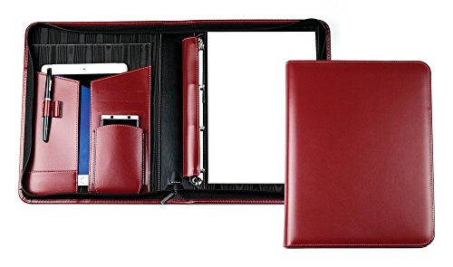 DELMON VARONE - Personalisierbare Tablet & Smartphone Schreibmappe DIN A4 XXL Cambridge Top Grain Leder rot, Orgamappe inkl. Ringbuch, Notizblock, Stiftschlaufe, Steckfächer & Reißverschluss von DELMON VARONE - FINE LEATHERGOODS MADE IN GERMANY