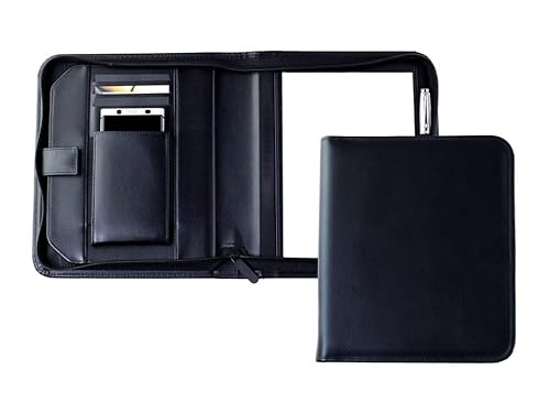 DELMON VARONE - Personalisierbare Tablet und Smartphone Schreibmappe DIN A5 aus Premium Boxcalf Leder schwarz, Organizer Businessmappe mit Notizblock, Stiftschlaufe, Steckfächer und Reißverschluss von DELMON VARONE - FINE LEATHERGOODS MADE IN GERMANY