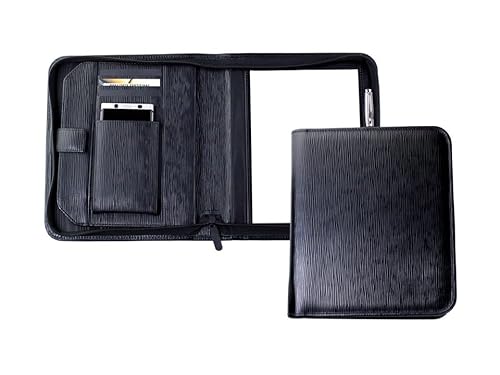 DELMON VARONE - Personalisierbare Tablet und Smartphone Schreibmappe DIN A5 aus Premium Manhattan Leder schwarz, Organizer Geschäftsmappe mit Notizblock, Stiftschlaufe, Steckfächer & Reißverschluss von DELMON VARONE - FINE LEATHERGOODS MADE IN GERMANY