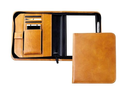 DELMON VARONE - Personalisierbare Tablet und Smartphone Schreibmappe DIN A5 aus Premium Vintage Anilin Leder braun, Business Konferenzmappe mit Notizblock, Stiftschlaufe, Steckfächer & Reißverschluss von DELMON VARONE - FINE LEATHERGOODS MADE IN GERMANY