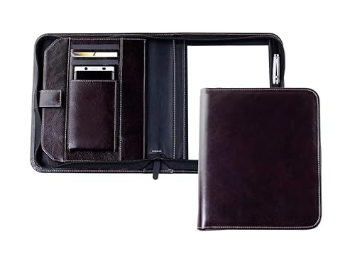 DELMON VARONE - Personalisierbare Tablet und Smartphone Schreibmappe DIN A5 aus Premium Vintage Anilin Leder braun, Echtleder Konferenzmappe mit Notizblock, Stiftschlaufe, Steckfächer & Reißverschluss von DELMON VARONE - FINE LEATHERGOODS MADE IN GERMANY