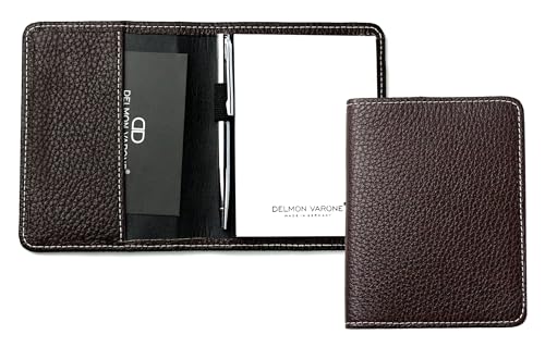 DELMON VARONE - Personalisierbares Notizblock Etui DIN A7 Premium Leder Soft Grain braun - Taschen Memoblock im Lederetui mit Mini Kugelschreiber, Stiftschlaufe, Einschubfach & Notizblöcke von DELMON VARONE - FINE LEATHERGOODS MADE IN GERMANY