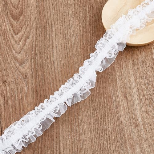 DELORIGIN 10 m Weißer Plissierter Spitzenbesatz Randband Aus Baumwollnetz Retro Kleiderstoff Mit Doppelter Dekoband Rüsche Dekorationsstoff Für Damen Nähen Taschen Kostüm Basteln von DELORIGIN