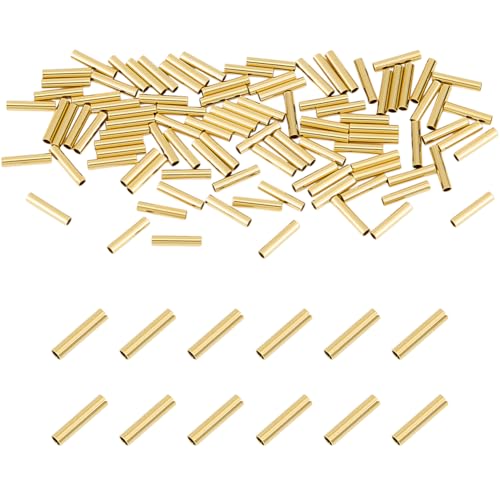 DELORIGIN 100 Stück 14 Karat vergoldete gefüllte Röhrenperlen, kleine Perlen, 7 × 1,5 mm, strukturierte lange Röhre, Samen-Charm, Gold, lose Abstandshalter, Perlen für Schmuckherstellung, DIY von DELORIGIN