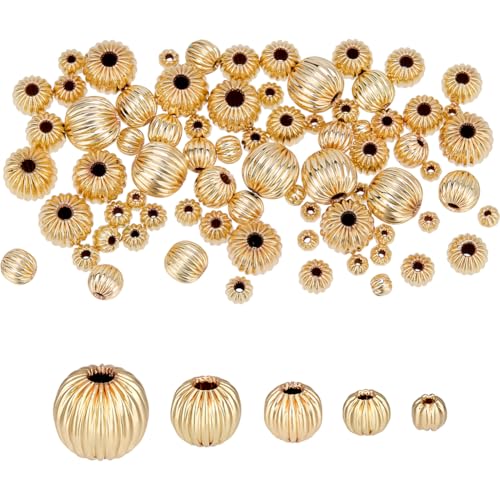 DELORIGIN 100 Stück Echte 14K Vergoldete Abstandsperlen 3/4/5/6/8mm Gewellte Perlen Kleine Lose Perlen Abstandshalter Metallgefüllte Kürbisperlen Zur Schmuckherstellung Halskette von DELORIGIN