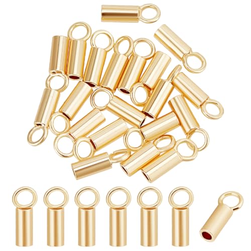 DELORIGIN 14 Karat vergoldete Quetsch-Endkappen, Messingschnurenden, Goldschmuck, geschlossene Ringschlaufe für 1 mm Faden, Schmuckherstellung, Perlenschnur, Draht, Lederquasten, 20 Stück von DELORIGIN