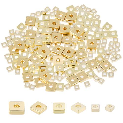 DELORIGIN 180 Stück 14 Karat vergoldete quadratische Abstandshalter, 2/3/4 mm, glattes Messing, lose Perlen, Großpackung, kleine Abstandshalter, Perlen für Schmuckherstellung, Armband, Halskette von DELORIGIN