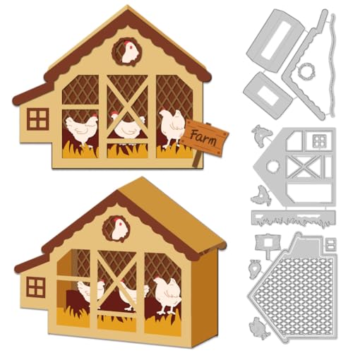 DELORIGIN 3D Stanzformen Für Hühnerstallboxen Zur Kartengestaltung Bauernhof Rahmen Aus Karbonstahl Stanzformen Scrapbooking Schablonen Prägevorlage Für DIY Papierbastelbox von DELORIGIN