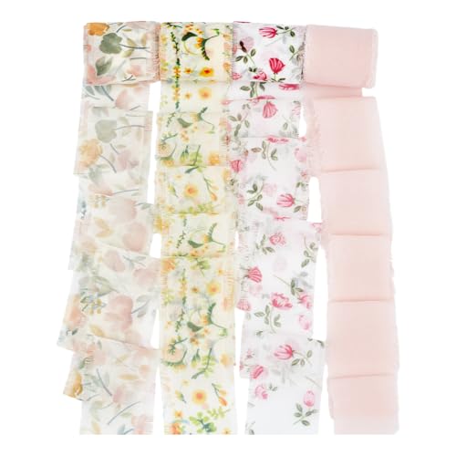 DELORIGIN 4 Stile Frühlingsblumenband mit Drahtrand, Chiffonband, Rollen, 4 Rollen, Frühlingsstoff, Geschenkbänder für Hochzeitseinladungen, Brautsträuße, Geschenkverpackungen, Blumenarrangements von DELORIGIN